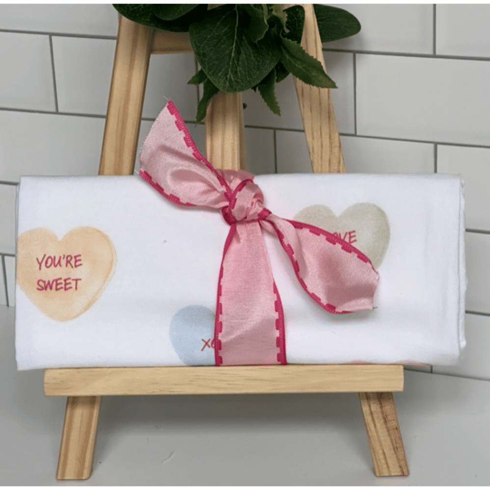 candy hearts flour sack towel wrapped