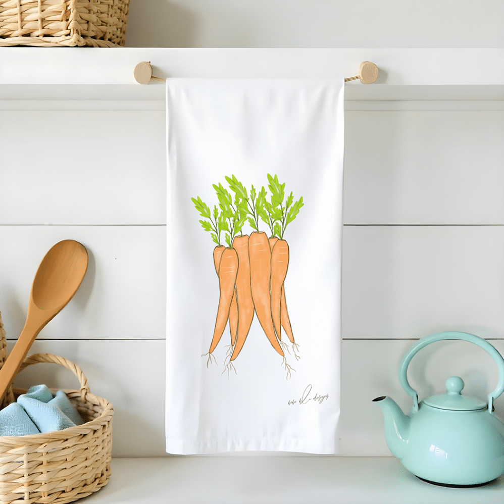 carrots bunch on a flour sack tea towel