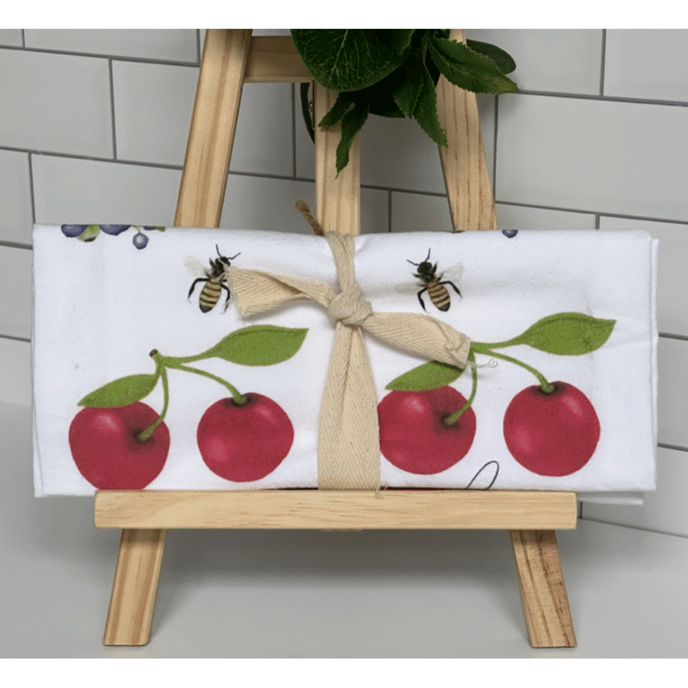 cherries blueberres and bees flour sack towel wrapped