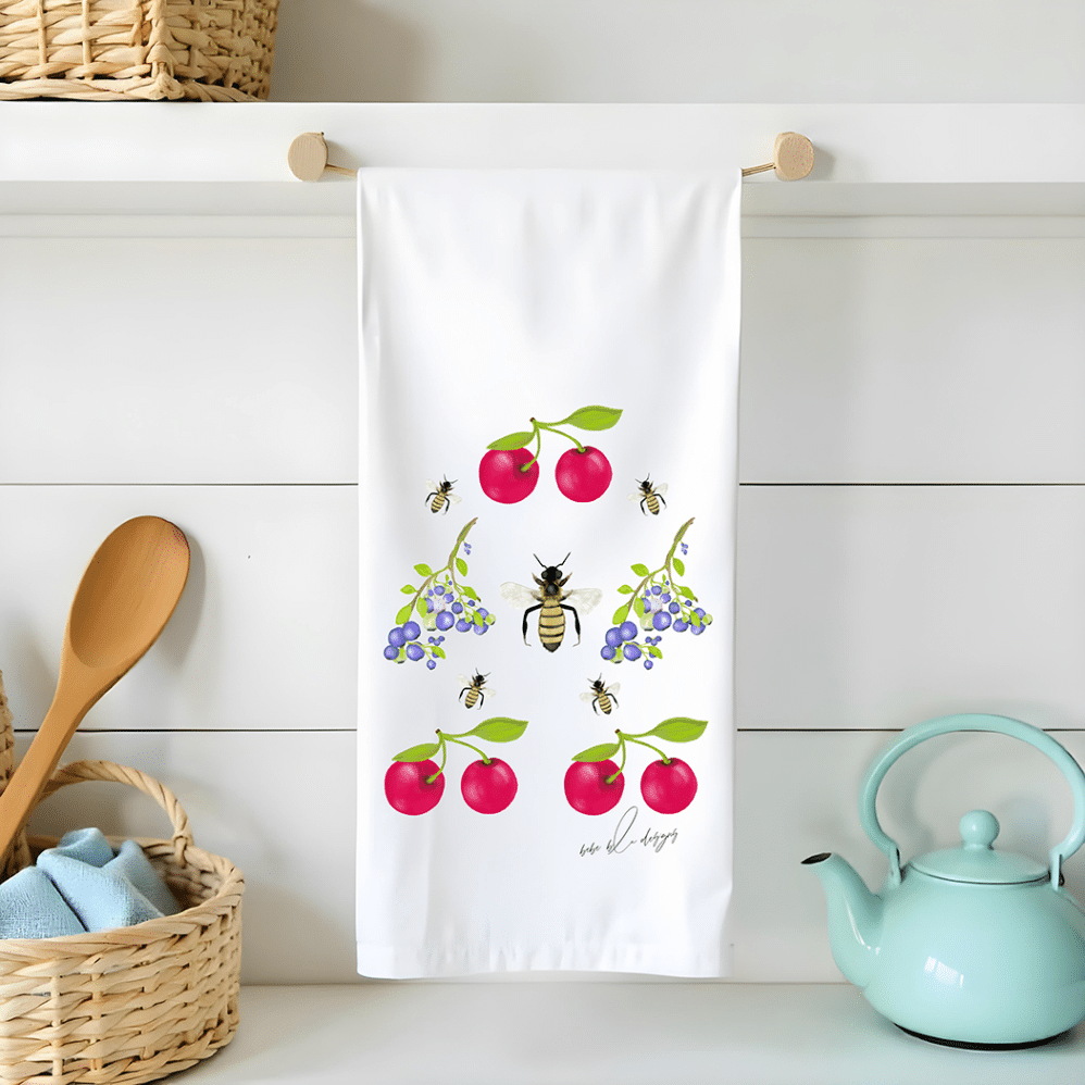 cherries blueberries and bee flour sack tea towel