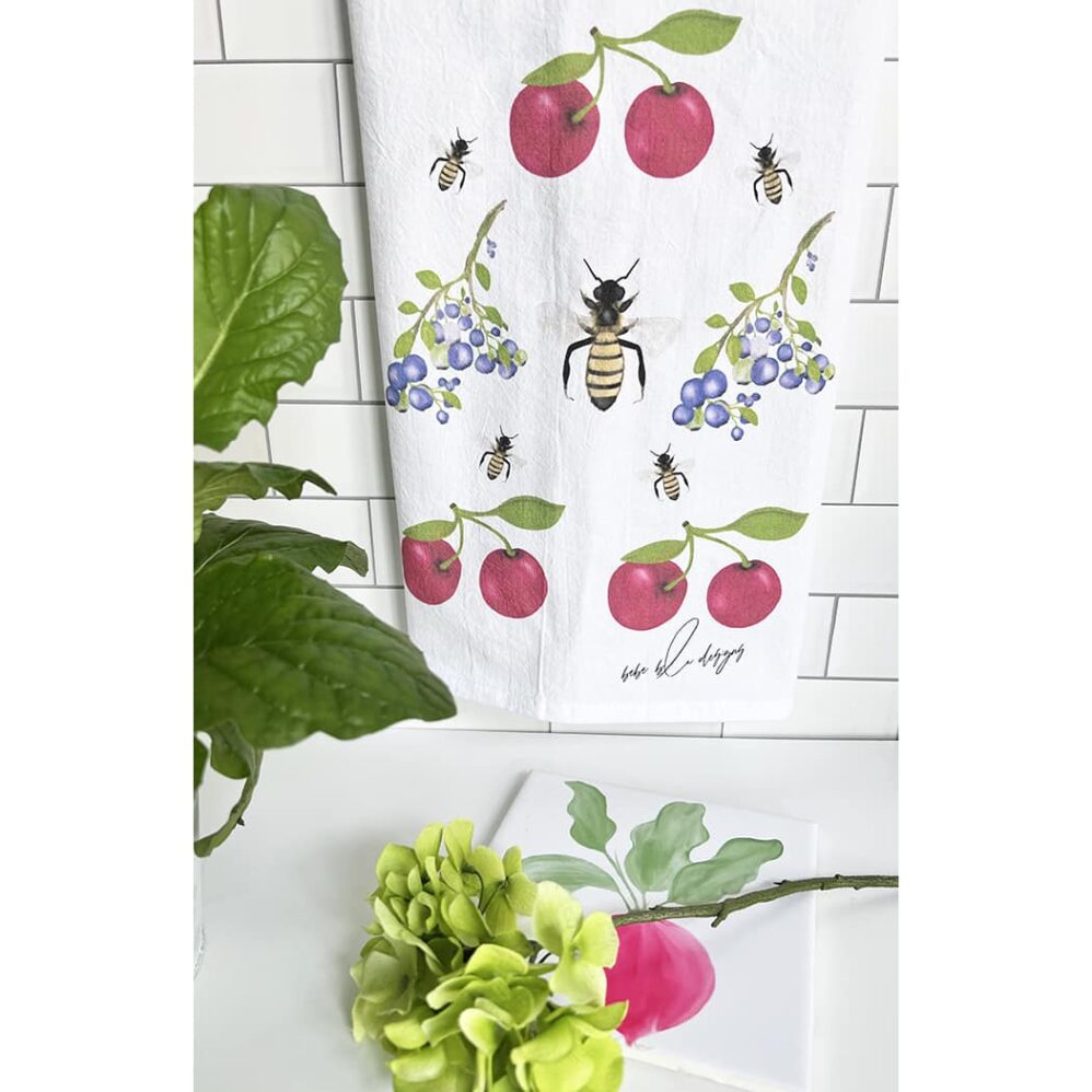 Cherries Blueberries and Bees Flour Sack Towel