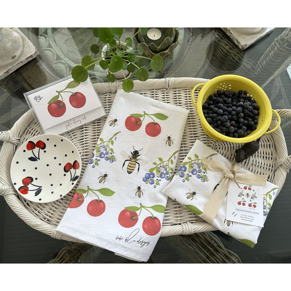 cherries, blueberries & bees flour sack towel