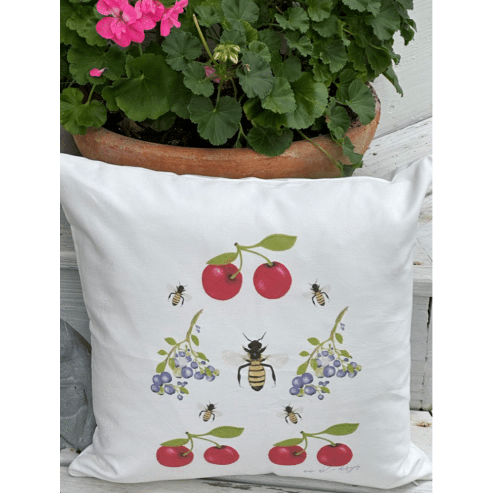 cherries, blueberries & bees pillow