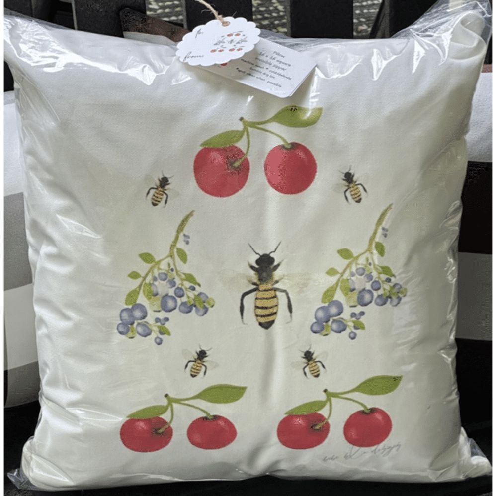 cherries, blueberries and bees pillow wrapped