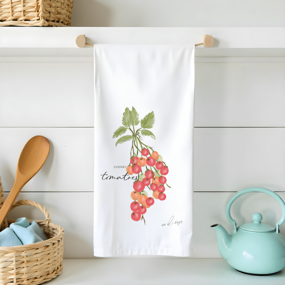 cherry tomatoes flour sack tea towel