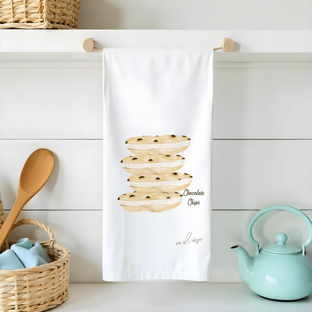 chocolate chips on a flour sack tea towel