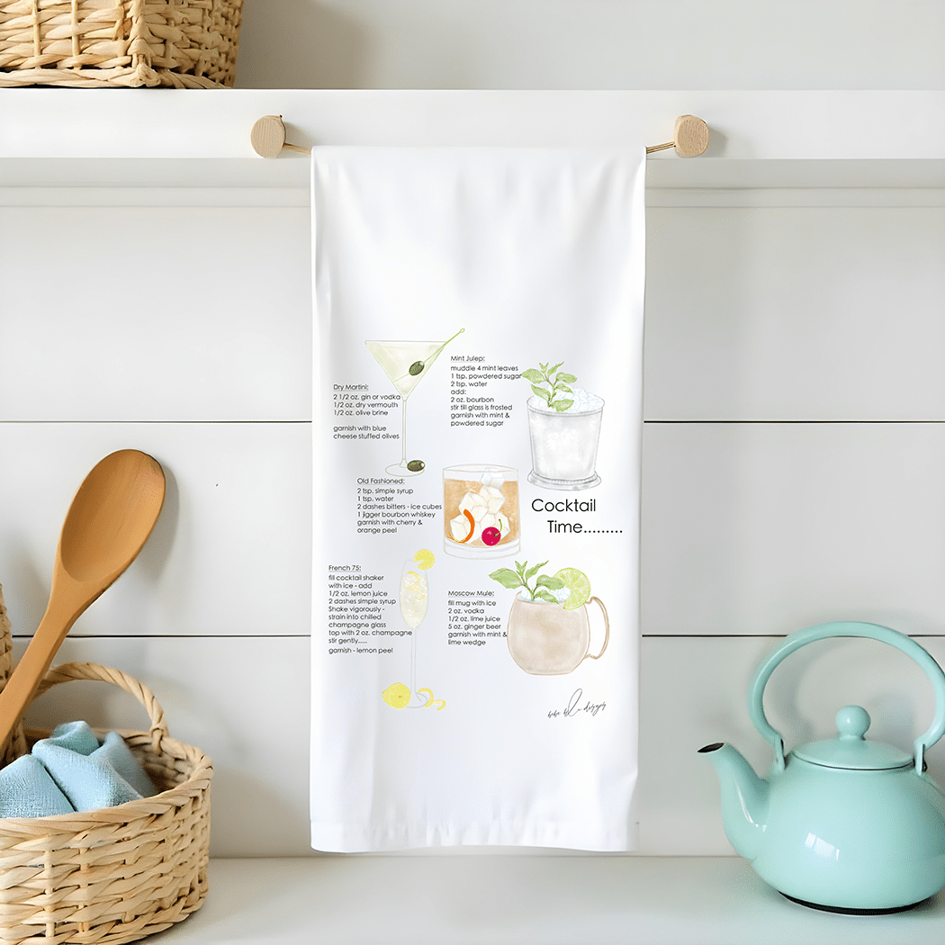 cocktails of a flour sack tea towel: dry martini, old fashioned, french 75, mint julep and moscow mule