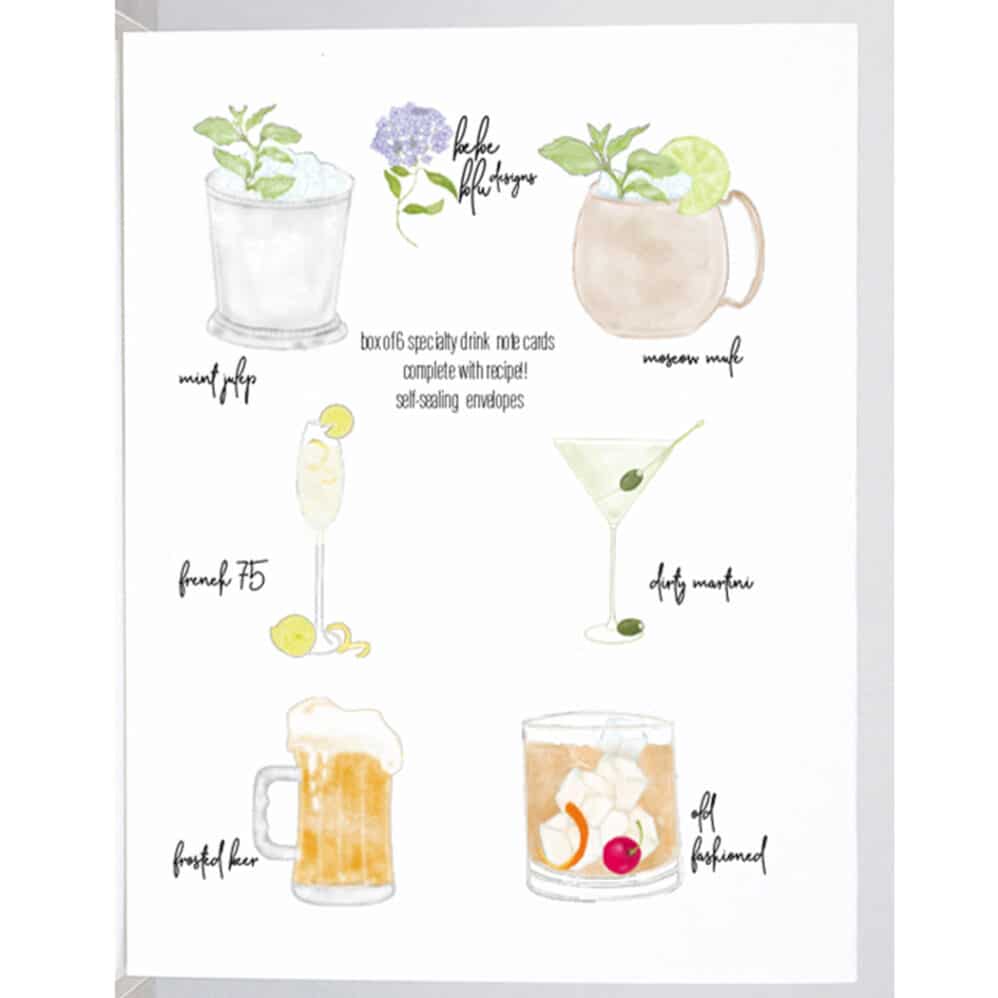 6 different cocktail time recipes note cards featuring a mint julep, moscow mule, french 75, dirty martini, old fashioned, and frosted beer mug