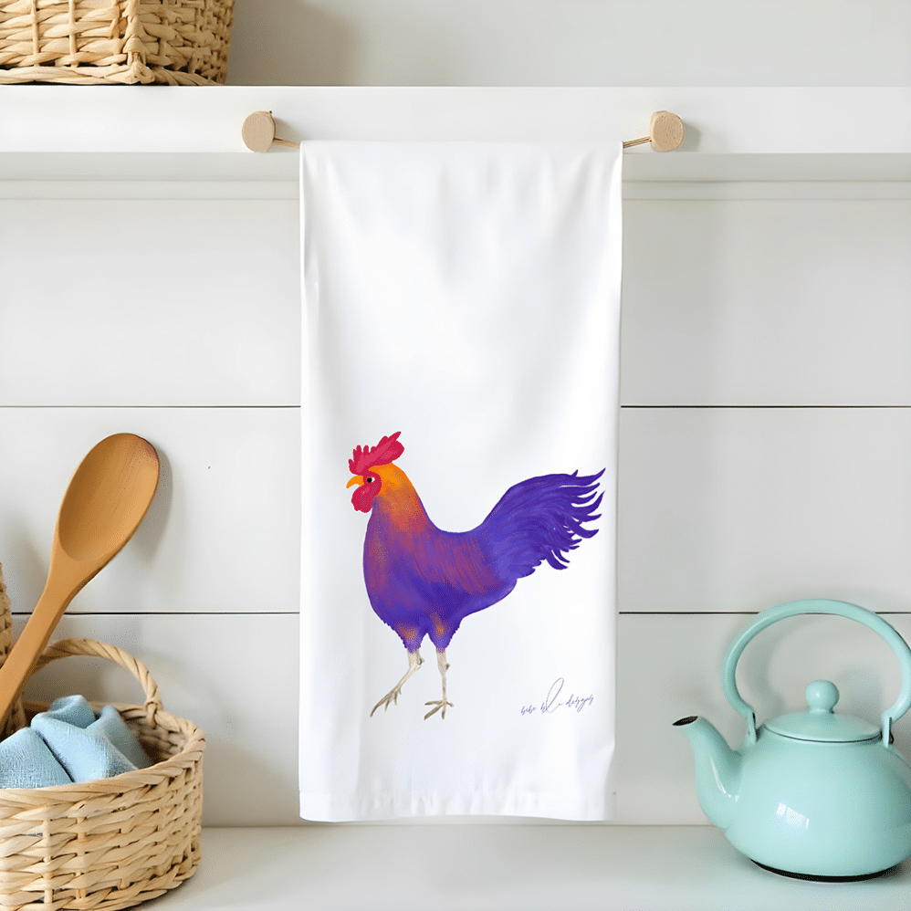 colorful rooster flour sack tea towel