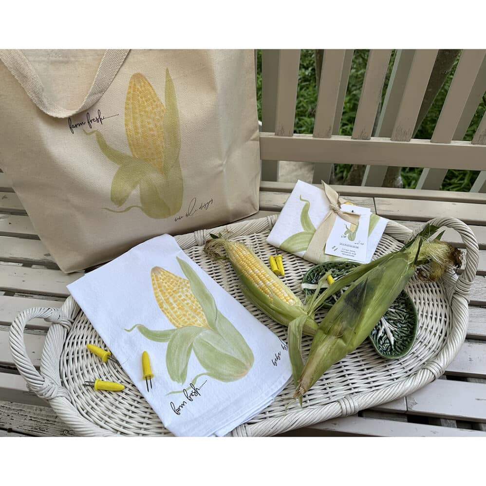 corn on the cob flour sack towel and tote