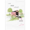 red covered bridge over a creek with the words; over the river and through the woods