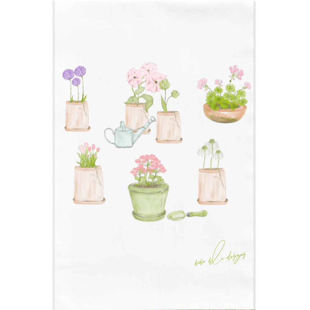 a flower sack towel with adorable cracked clay pots filled with colorful flowers.