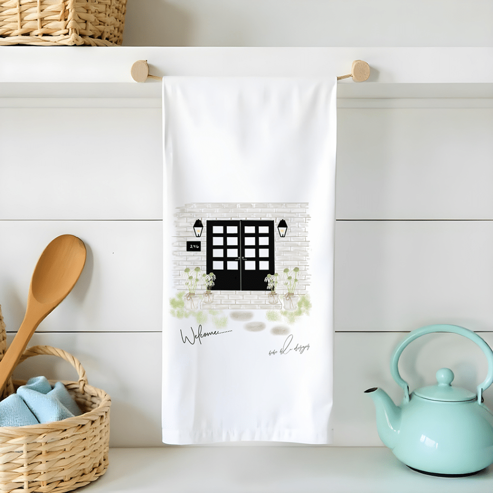 double door welcome flour sack tea towel