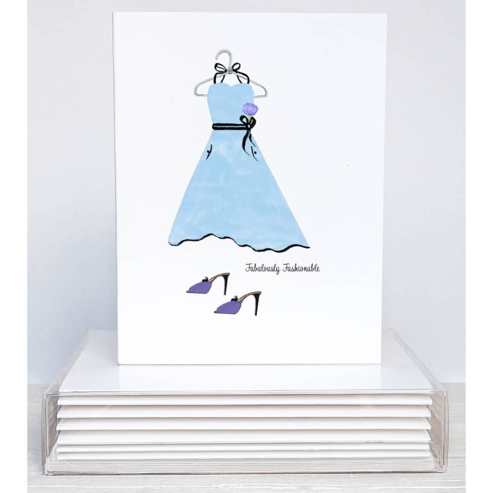 fabulously fashionable note card set features a blue dress and purple high heels. Box of 6