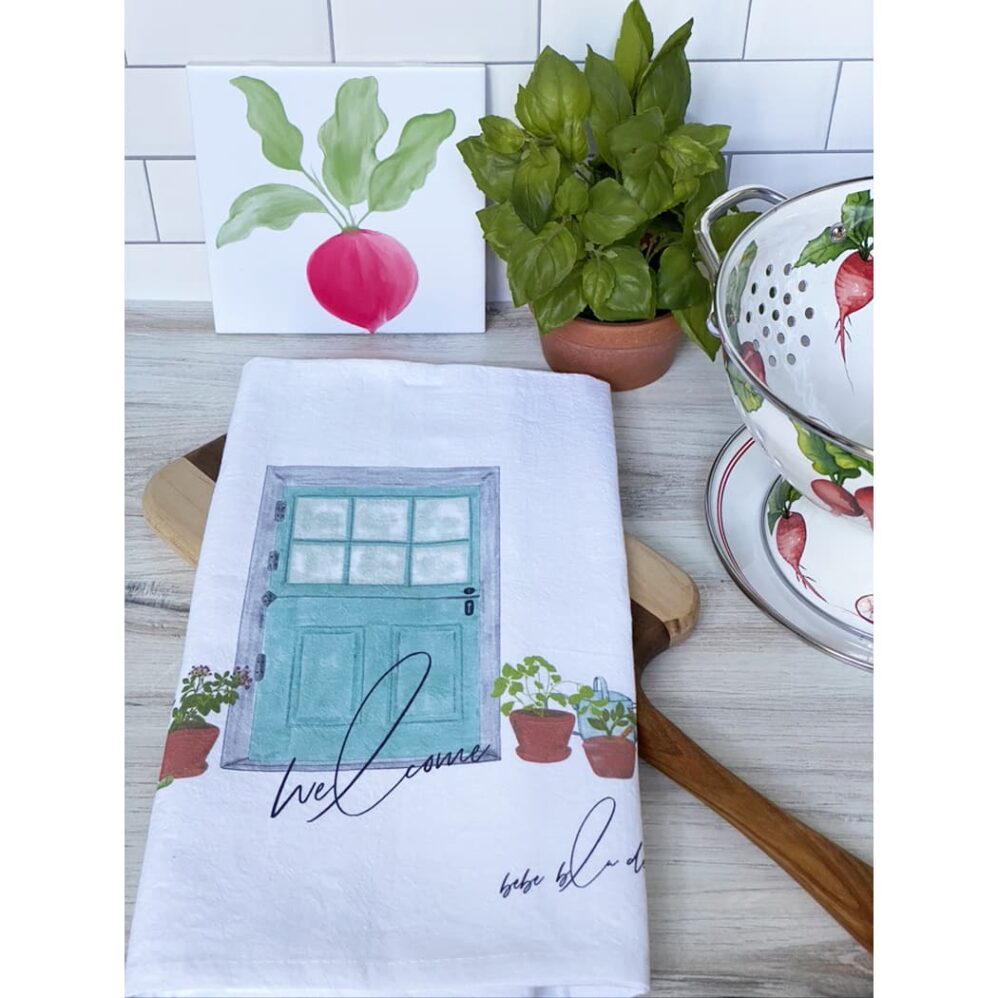 farm door welcome flour sack towel