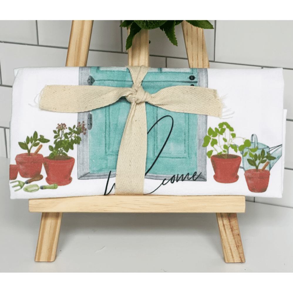 farm door welcome flour sack towel wrapped