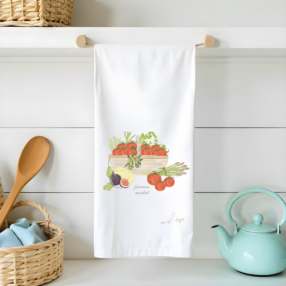 a armers market basket filled with vegetables on a flour sack tea towel