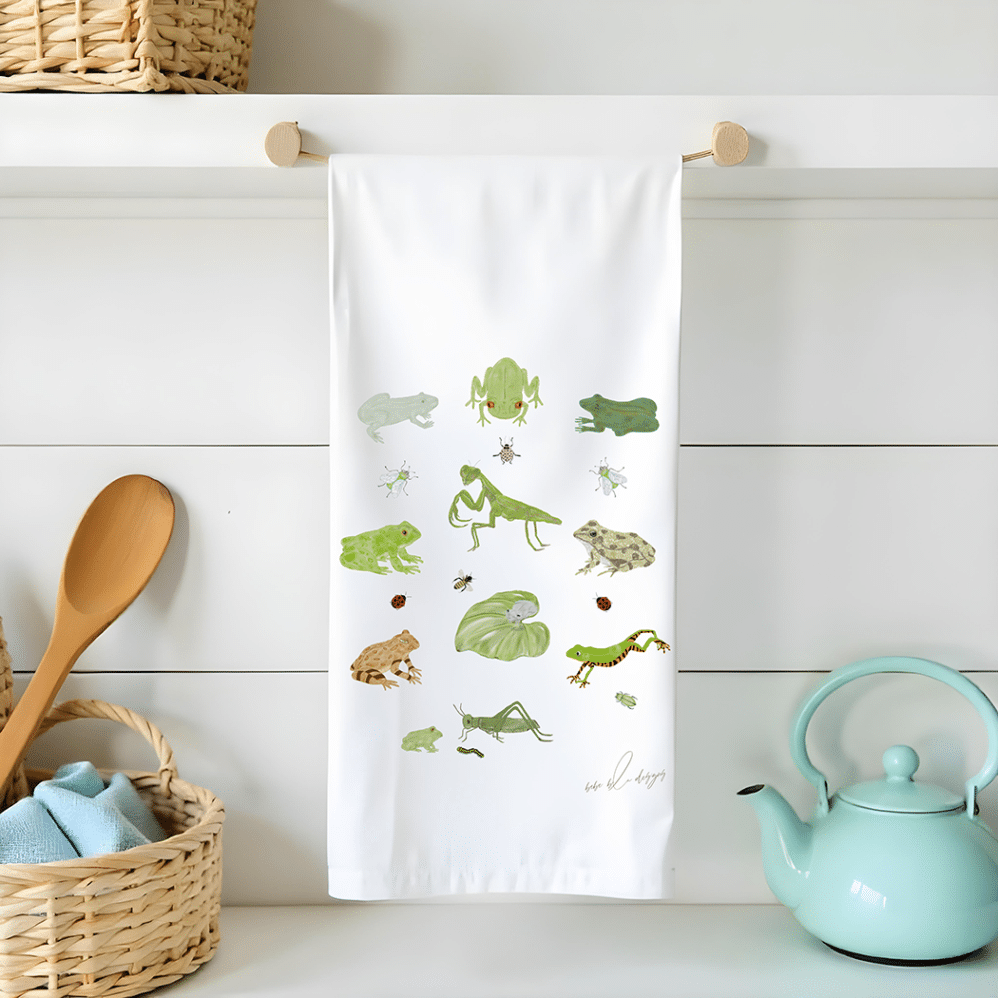 frog and many friends on a flour sack tea towel