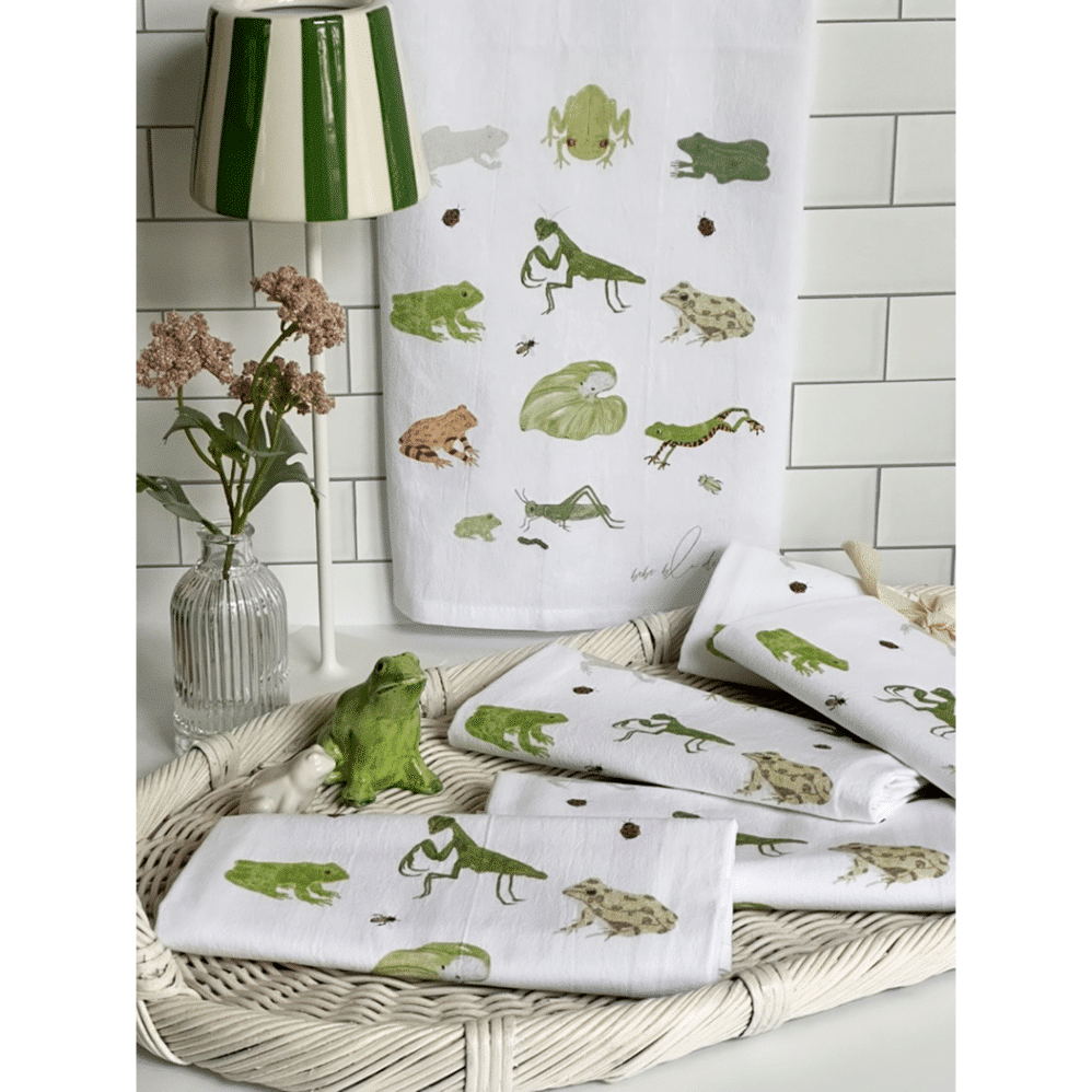 frog and friends flour sack towel basket