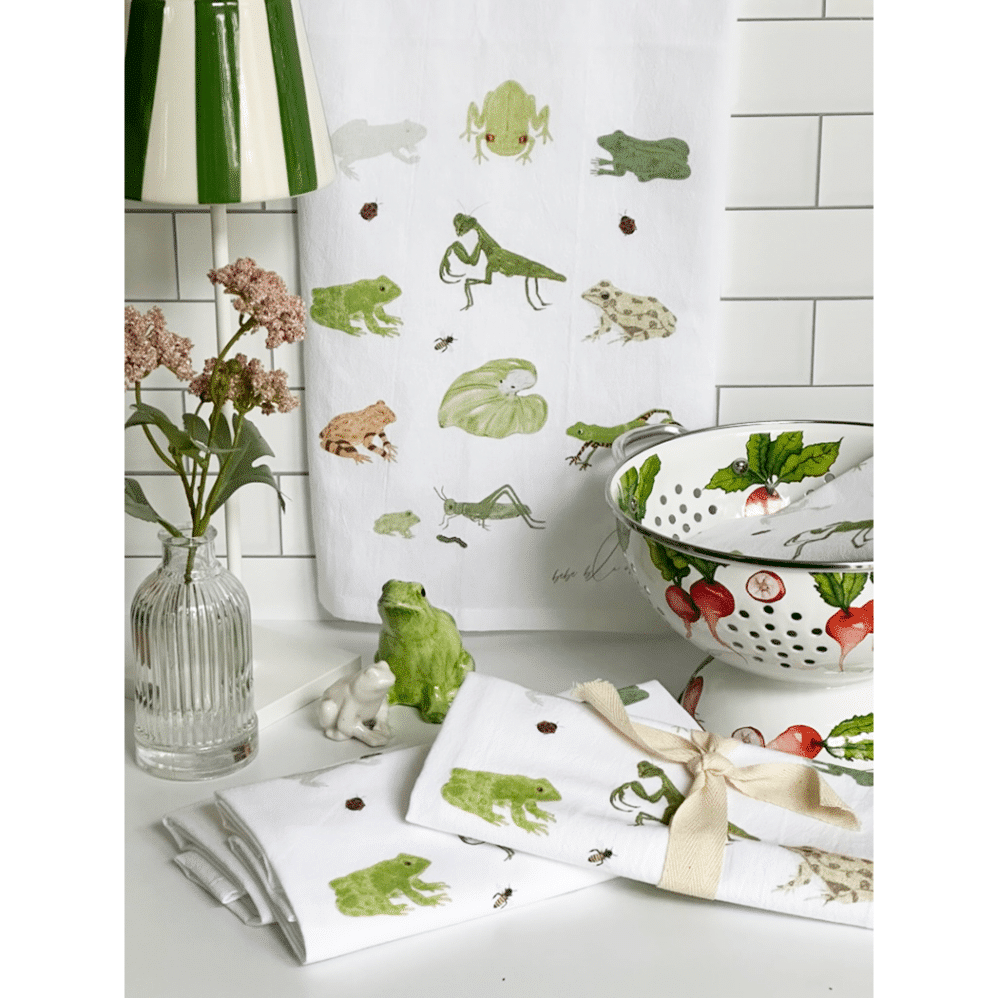 frog and friends flour sack towel radish