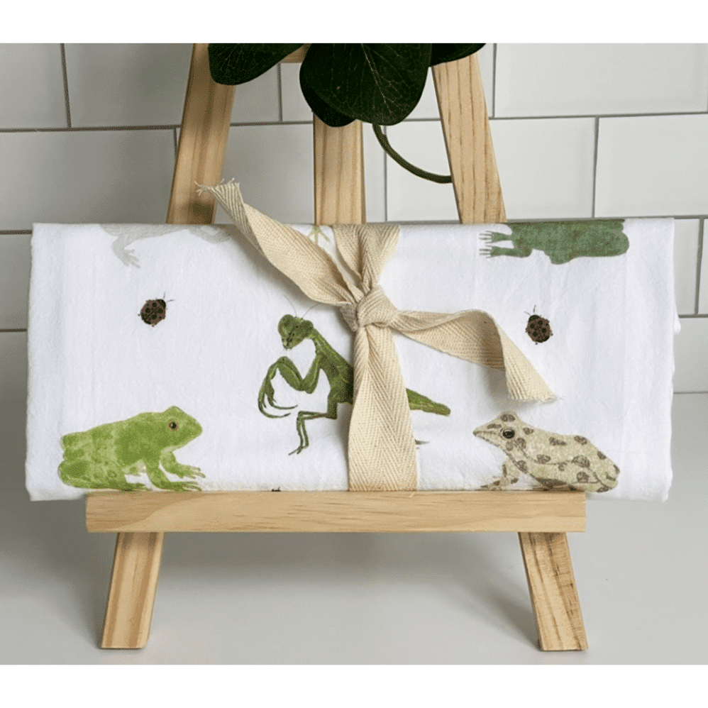 frog and friends flour sack towel wrapped