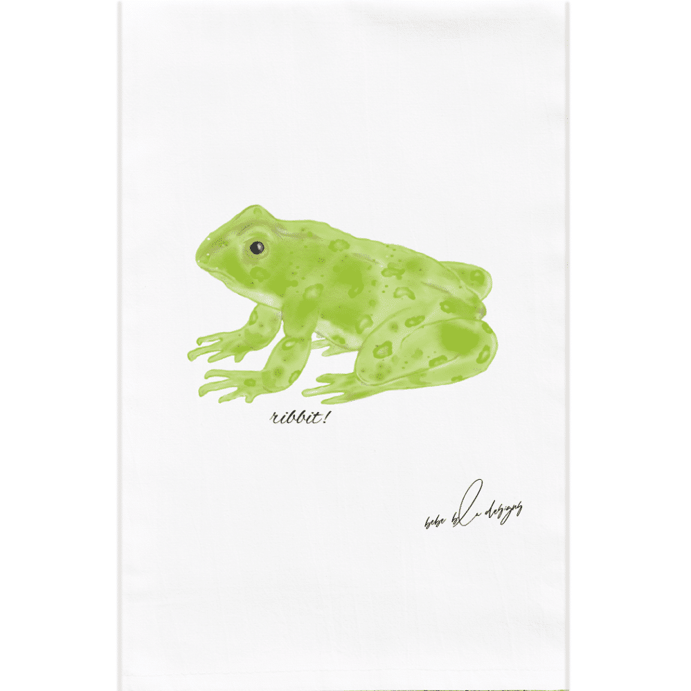 Cute litte green frog with the saying ribbit on a flour sack towel