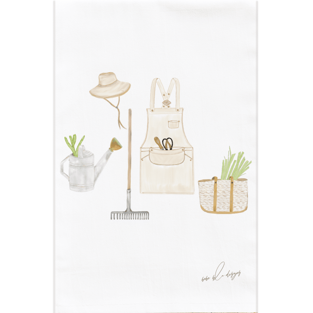 garden delight flour sack towel with garden apron, bag, rake, watering can and garden hat