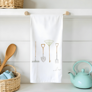 garden tools on a flour sack tea towel