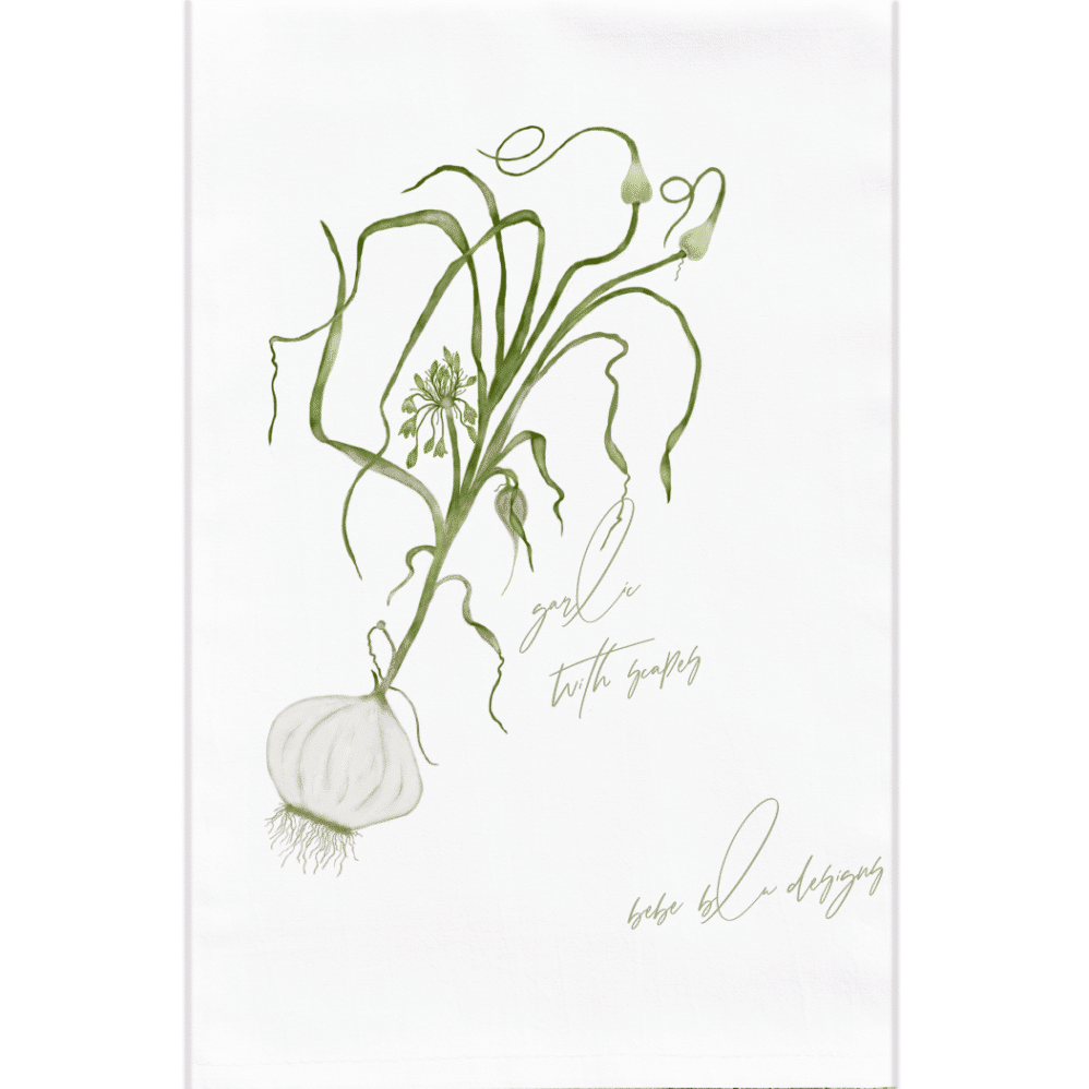 garlic with scapes flour sack towel