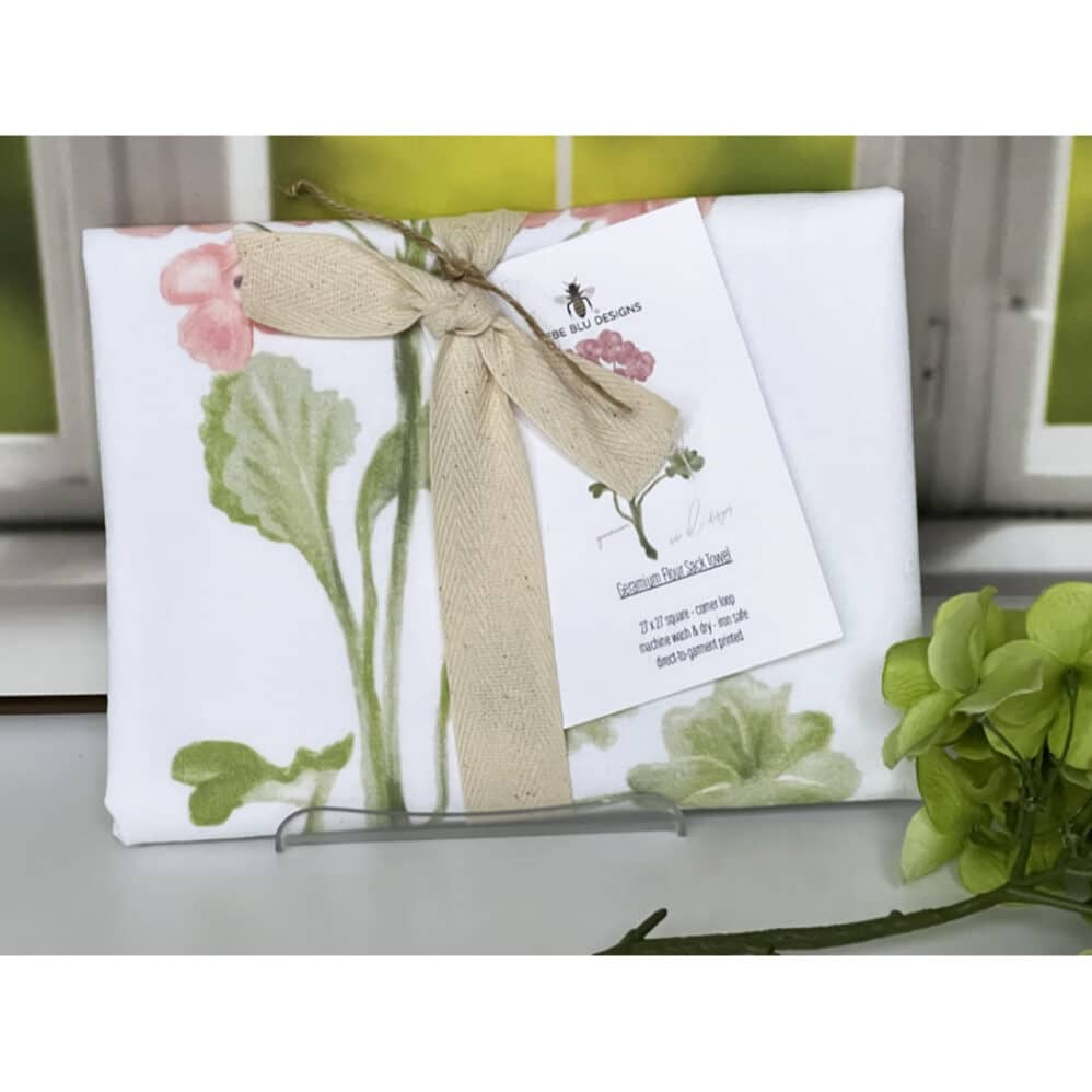 geranium flour sack towel wrapped