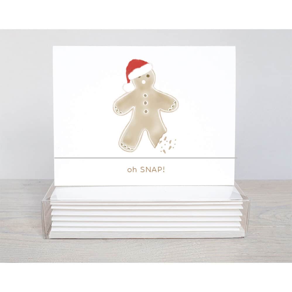 gingerbread man note card featuring an adorable gingerbread man with a bite out of his leg and the words, oh Snap!