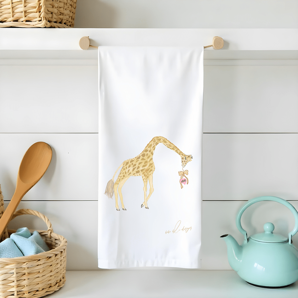 giraffe with hearts on a flour sack tea towel