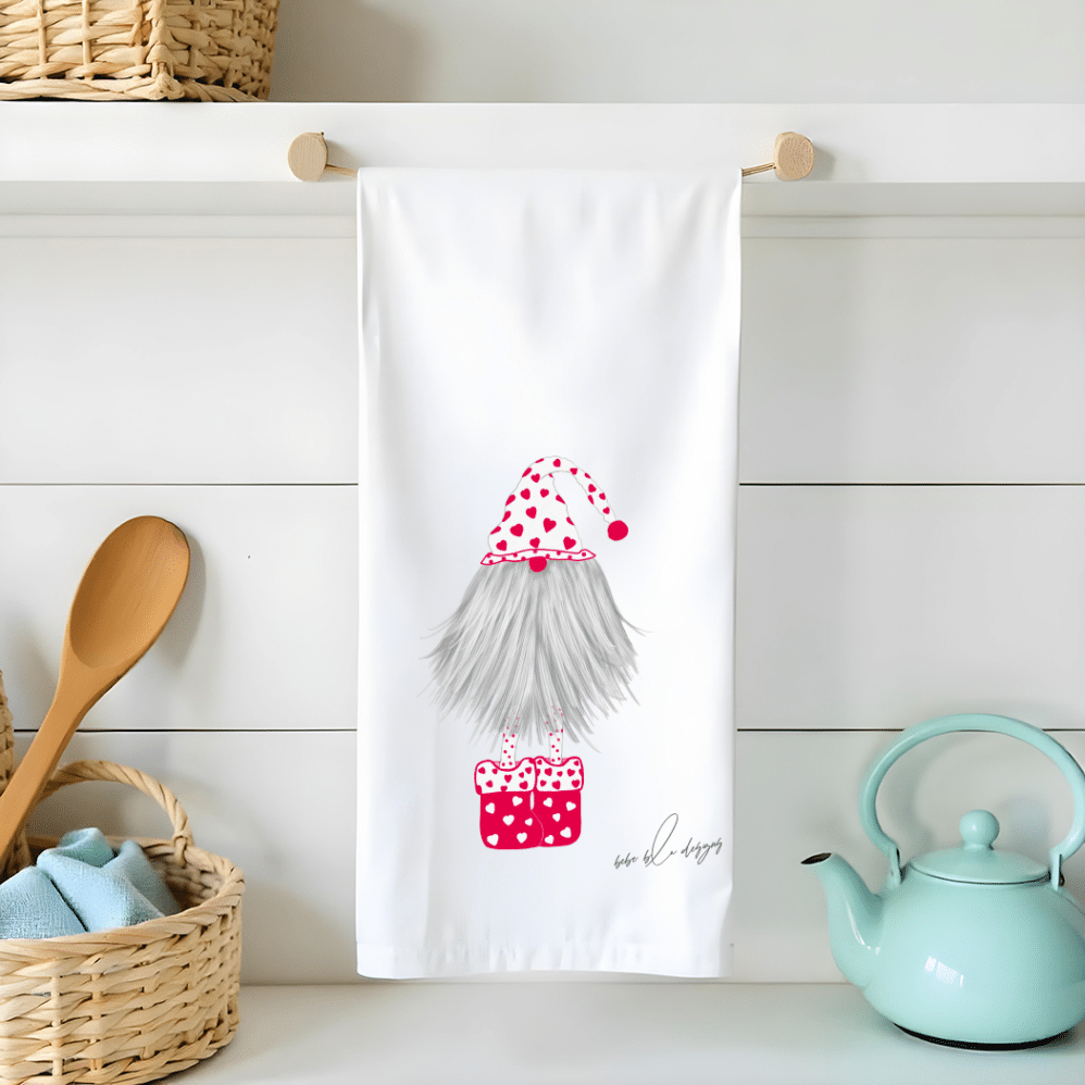 gnome hearts flour sack tea towel