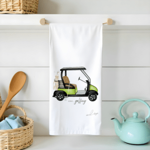 gone golfing flour sack tea towel features a golf cart with vintage golf bag and clubs