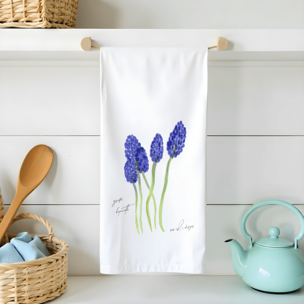 grape hyacinth flour sack tea towel
