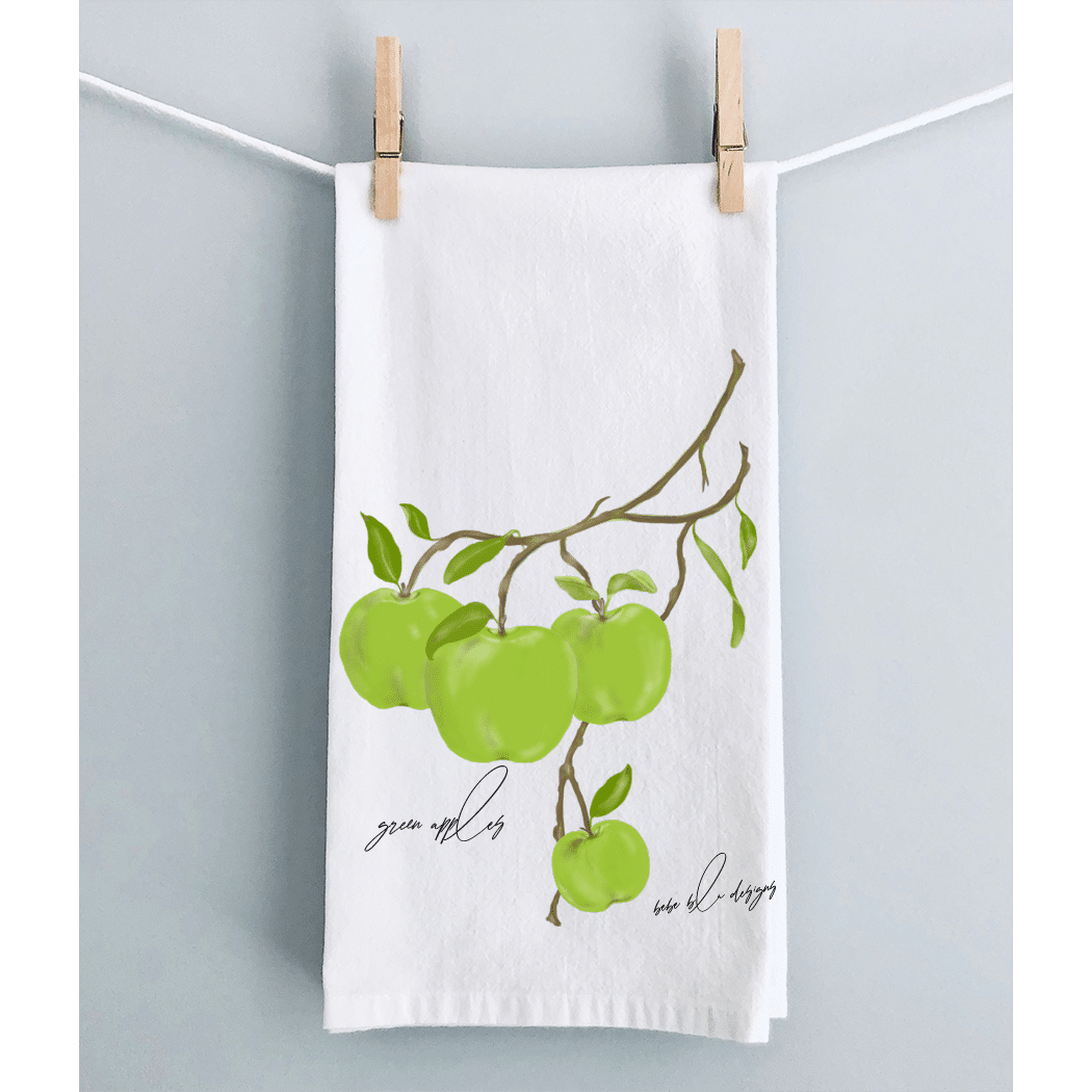 green apples. flour sack towel