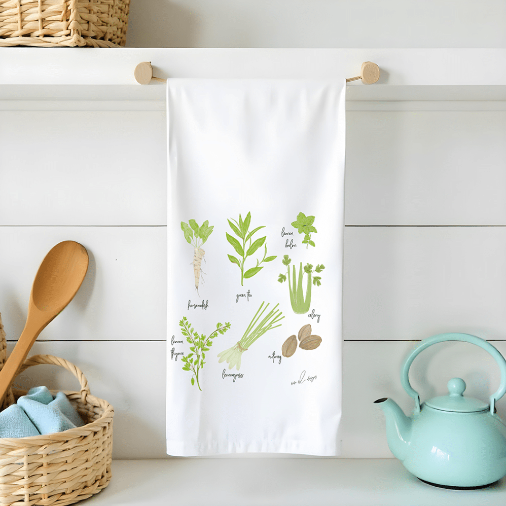 green herbs flour sack tea towel