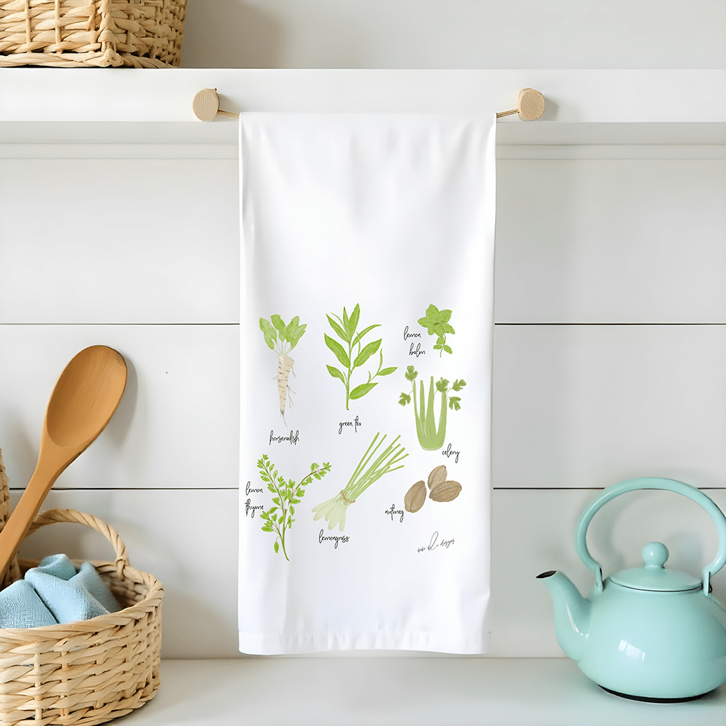 green herbs flour sack tea towel