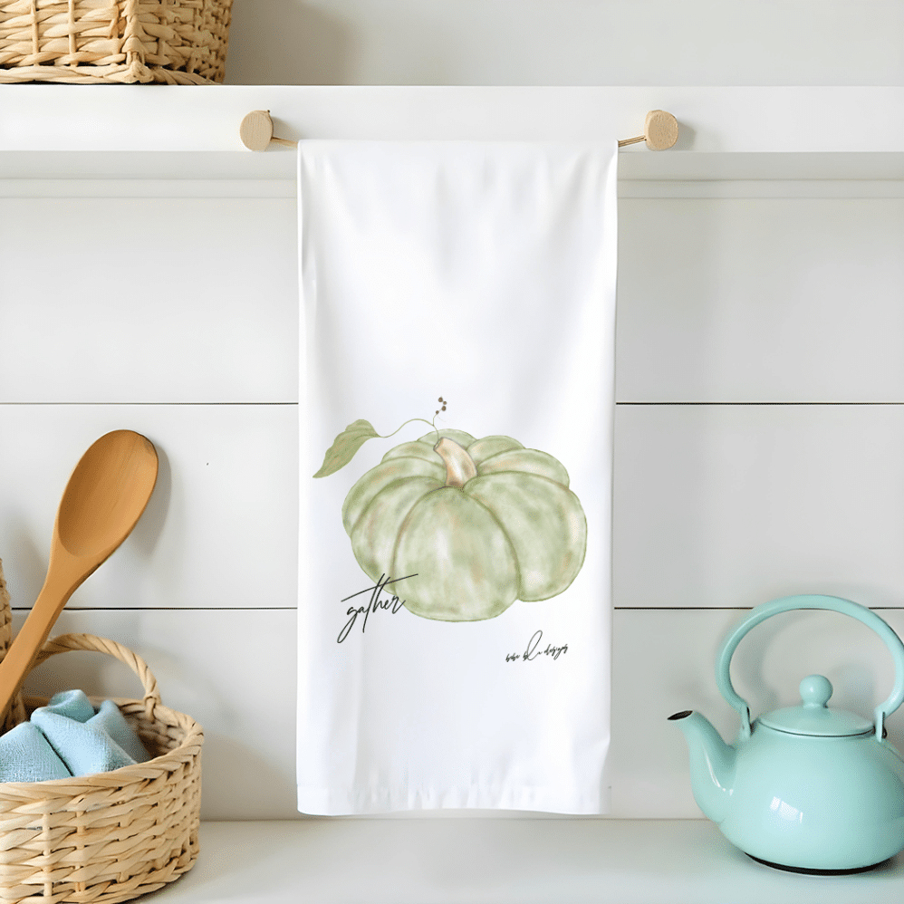 green pumpkin flour sack tea towel