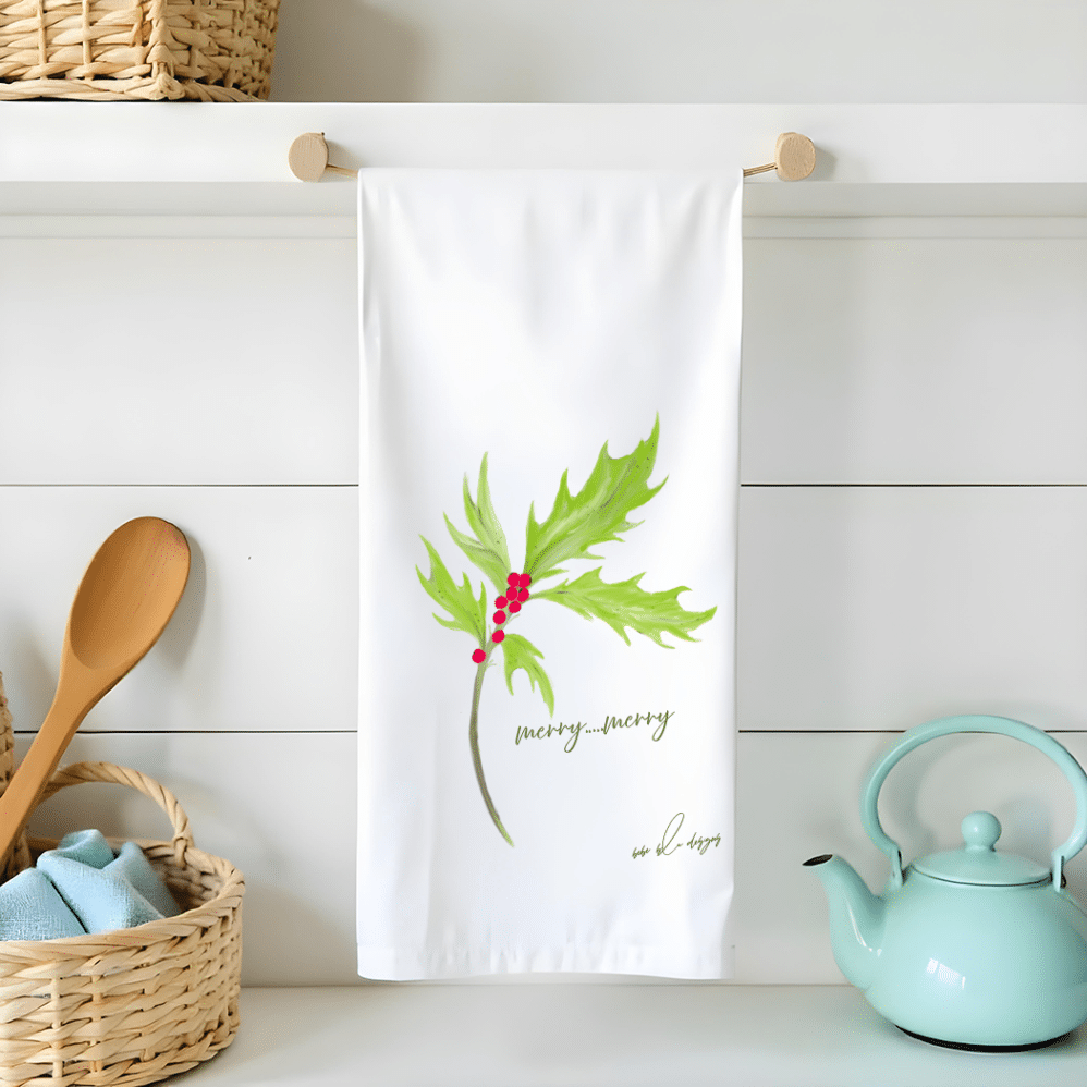 holly merry merry flour sack tea towel