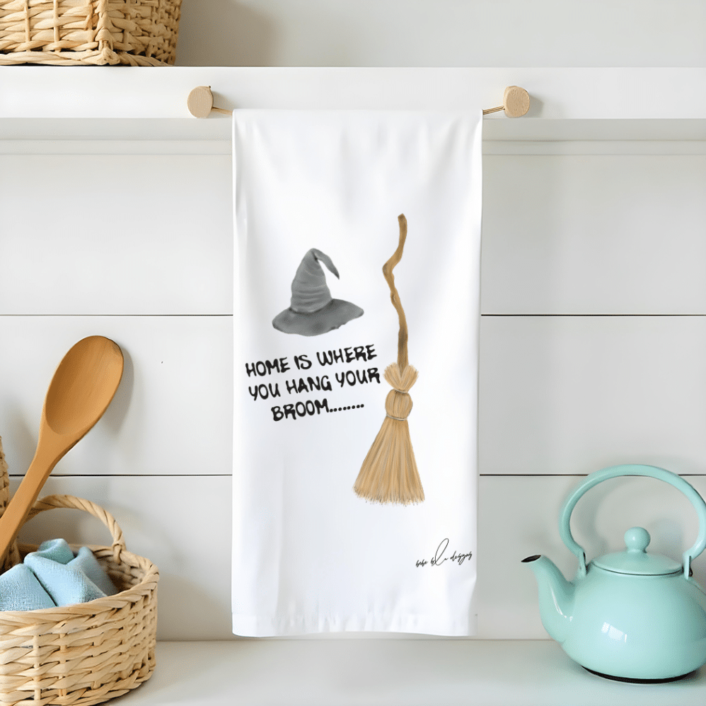 home is where you hang your broom flour sack tea towel with a crooked witches broom and hat.