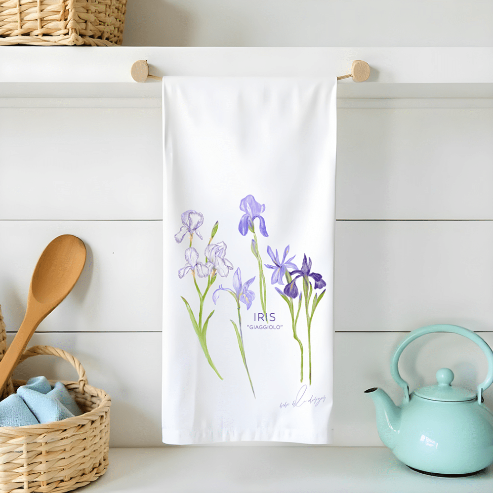 iris with the Italian word for iris, giaggiolo on a flour sack tea towel