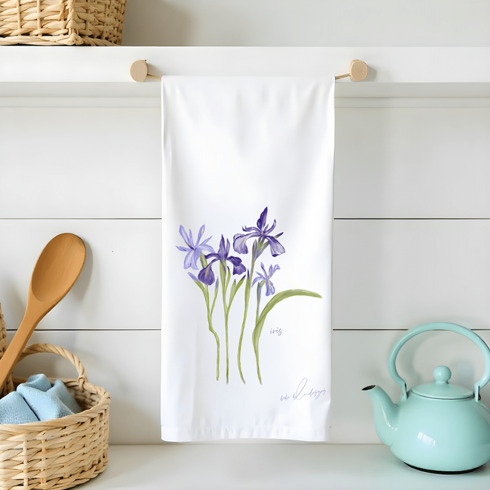 purple iris on a flour sack tea towel