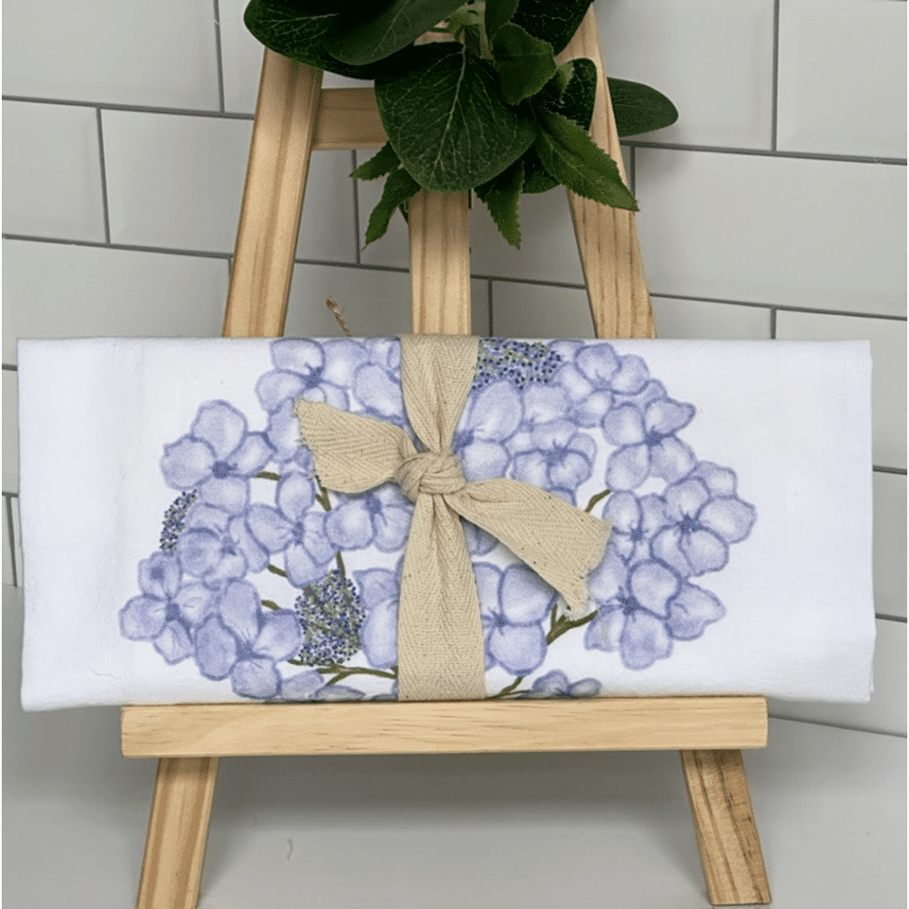 lacecap hydrangea flour sack towel wrapped