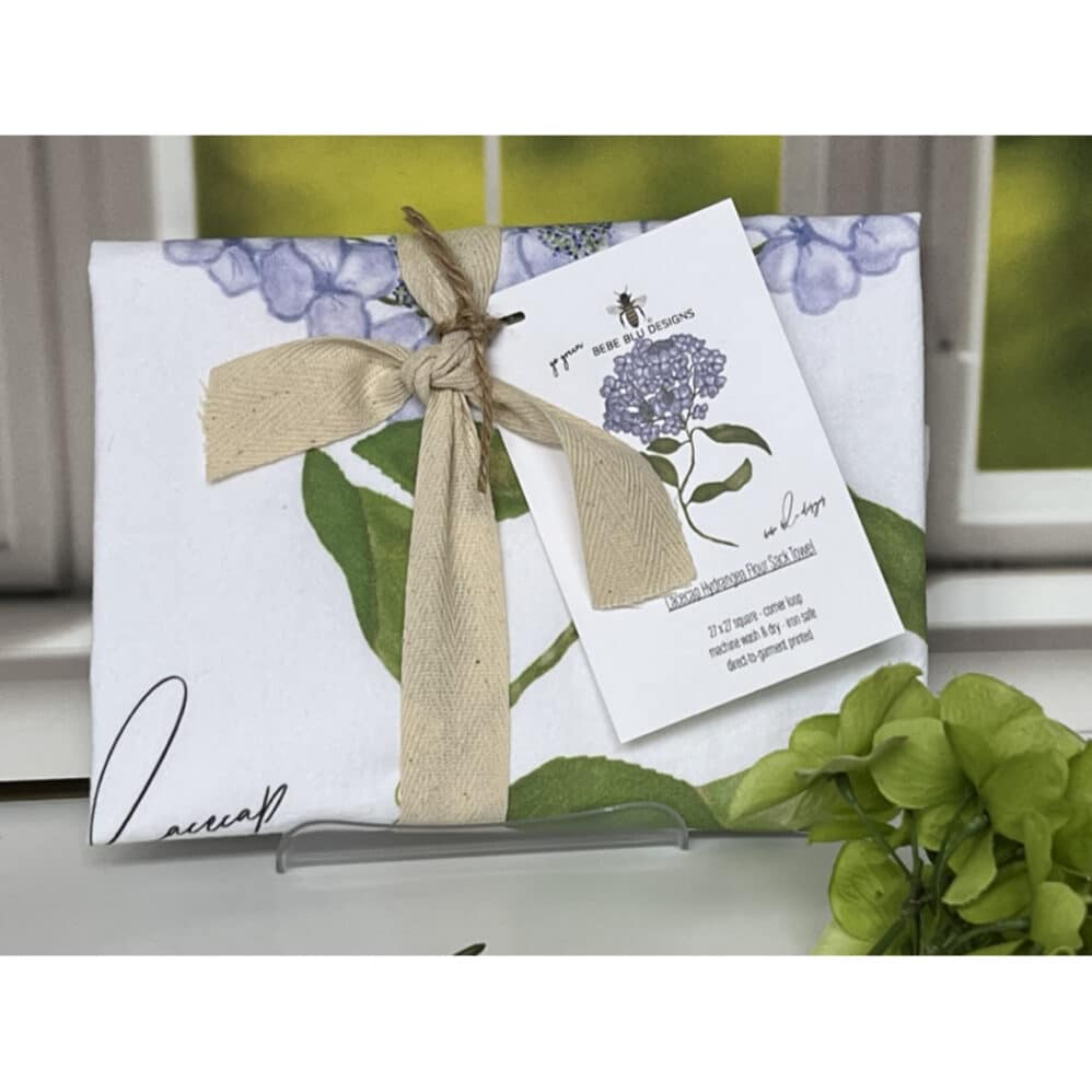 lacecap hydrangea flour sack towel wrapped