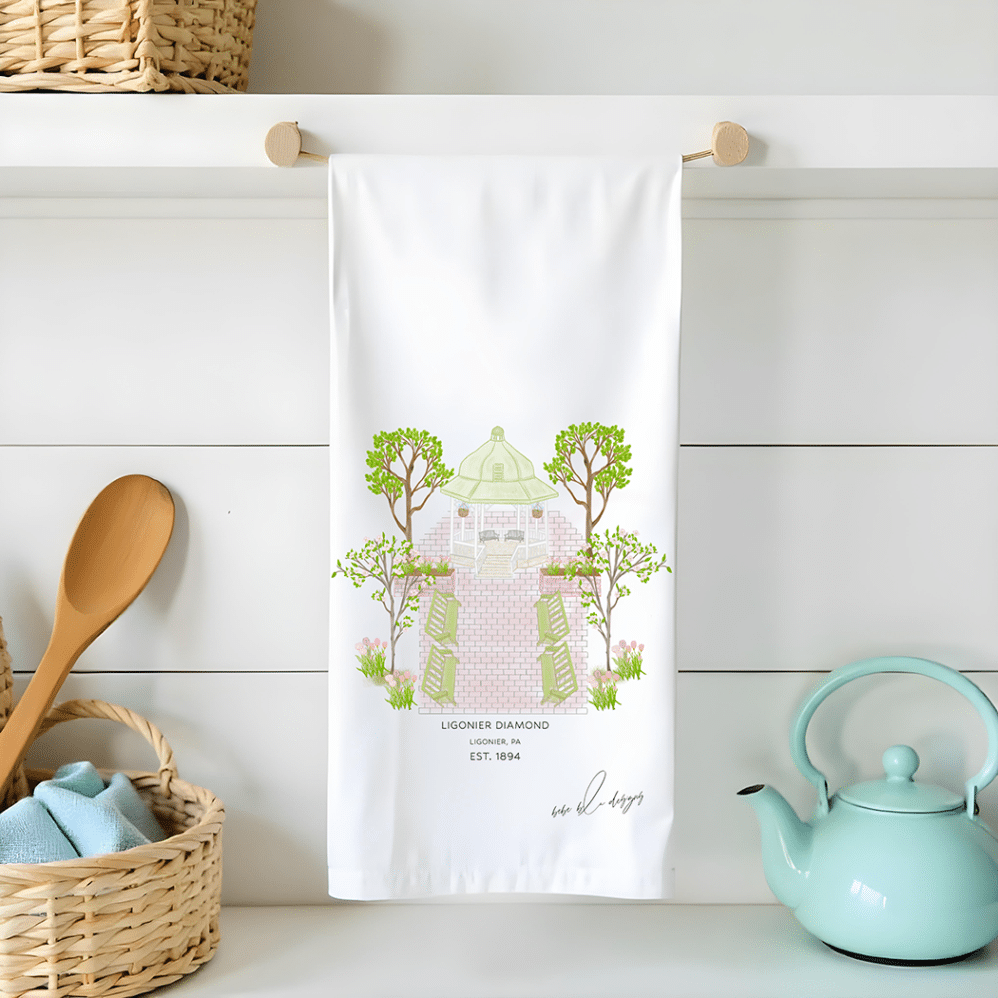 The diamond in Ligonier, PA on a flour sack tea towel