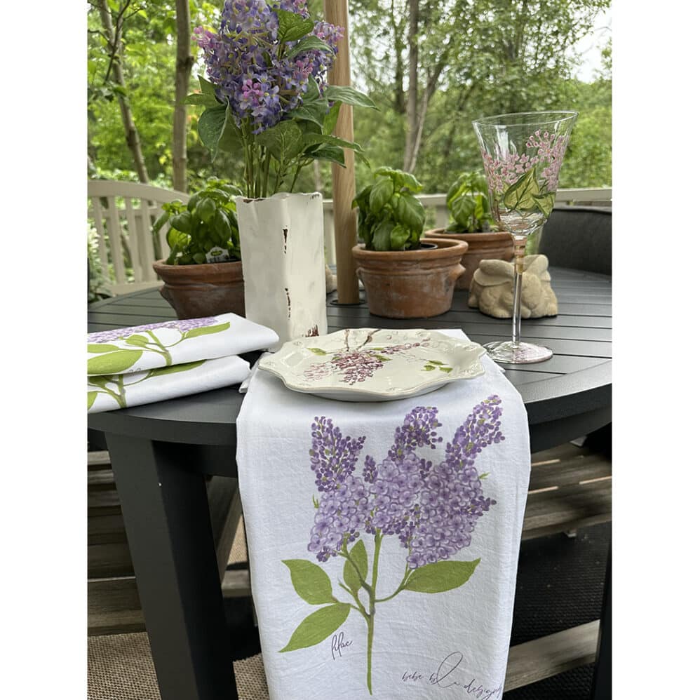 lilac twig flour sack towel table setting