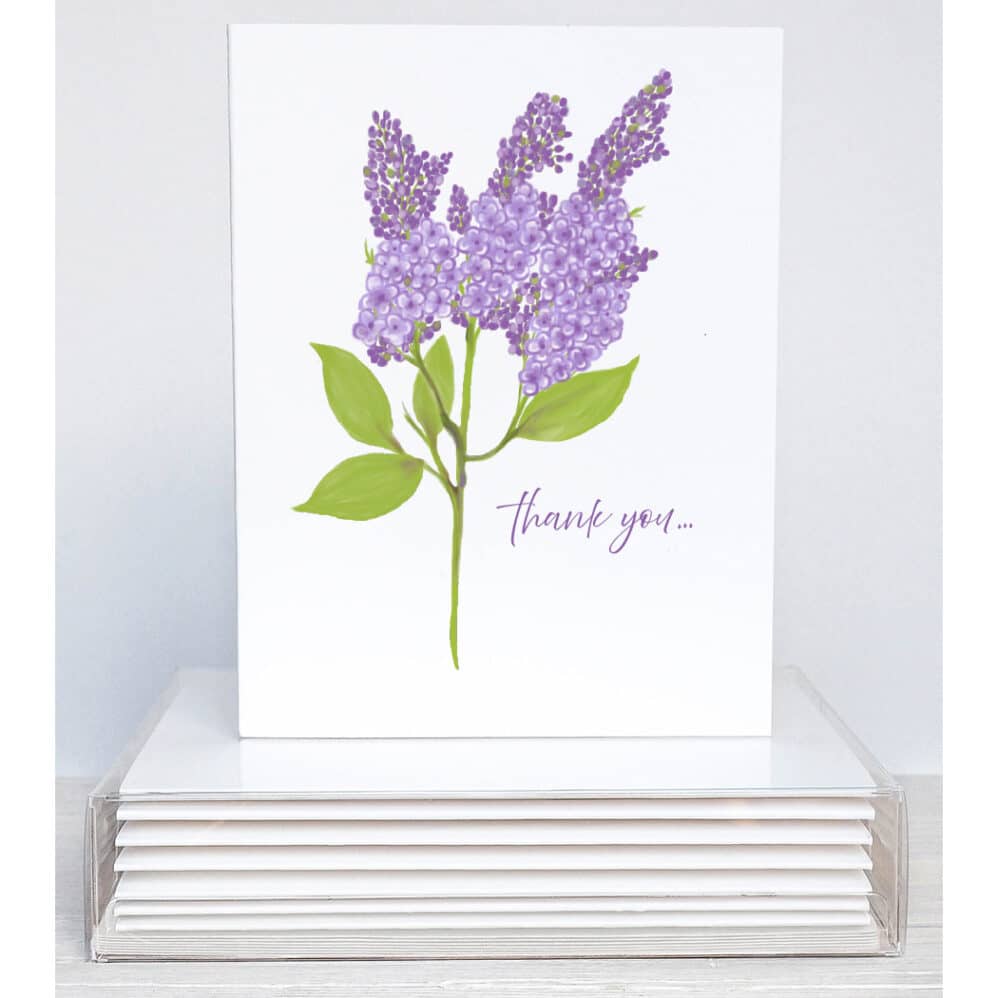 a twig of dark purple lilac on a thank you note card