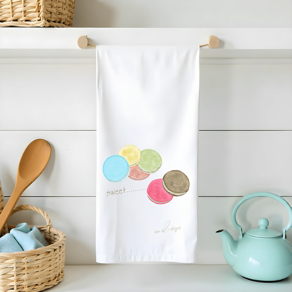 colorful macaroons on a flour sack tea towel