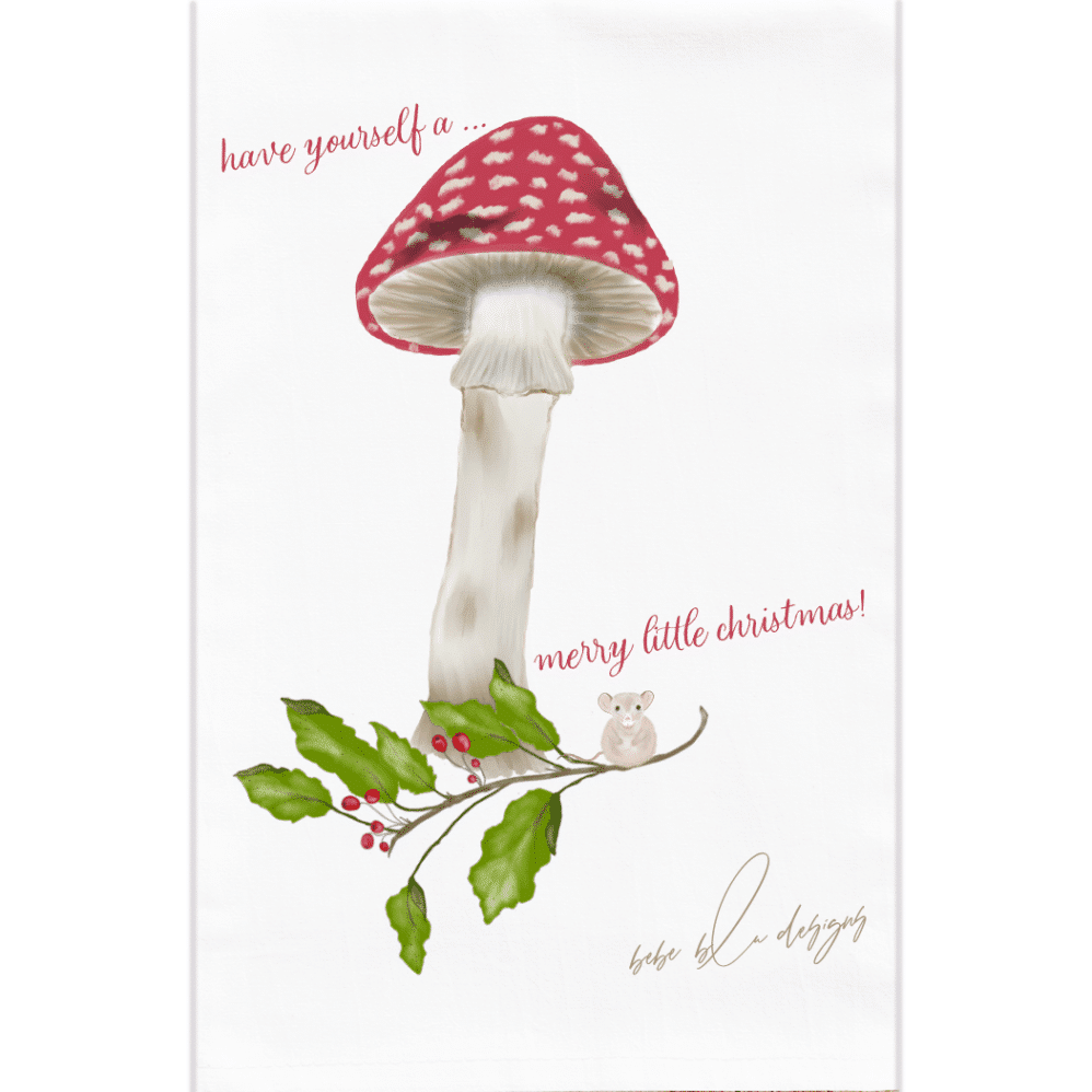 a fly agaric with a holly and berries vine and a little mouse with the words; have yourself a merry little Christmas